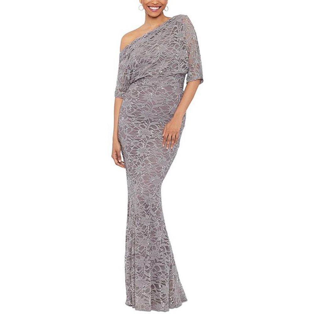 Betsy & Adam Silver One-Shoulder Lace Gown